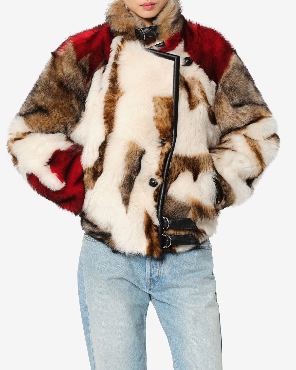 Manteau Roama en peau lainée — Écru et rouge, vue 1 ; référence MA0590FBD4A03IECRD