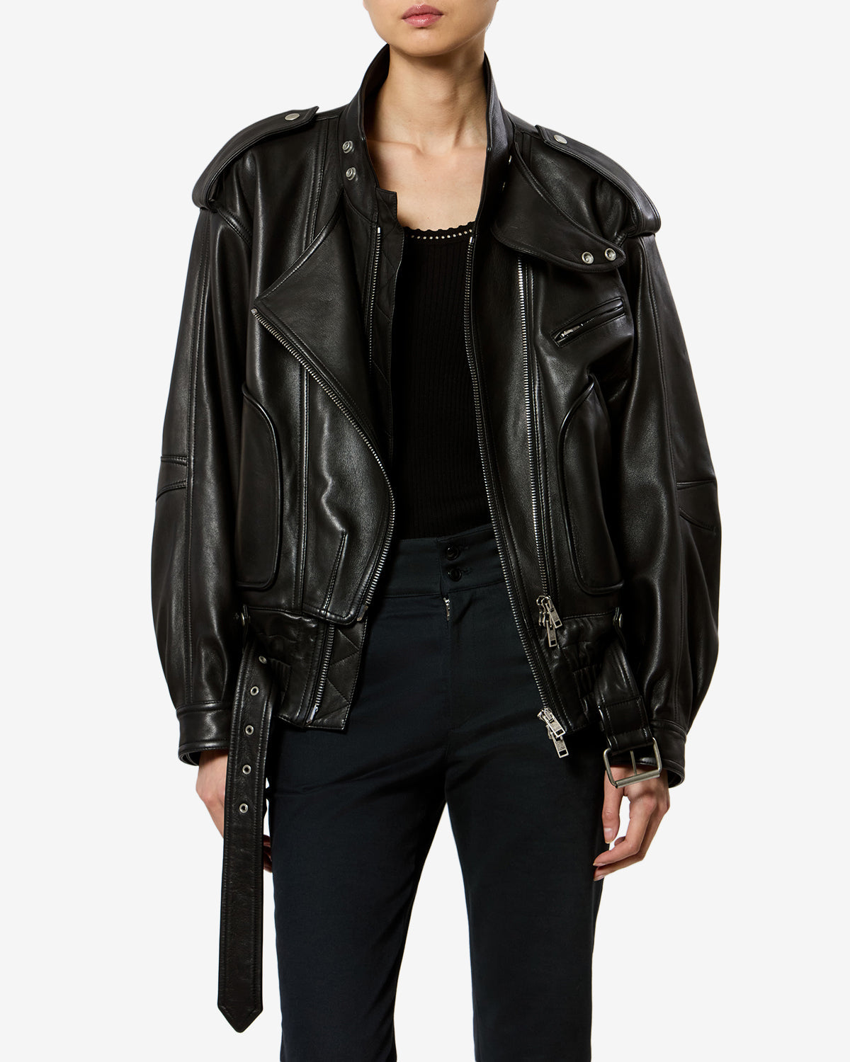 Veste Farza en cuir — Noir, vue 1 ; référence VE0744FAD3B04I01BK