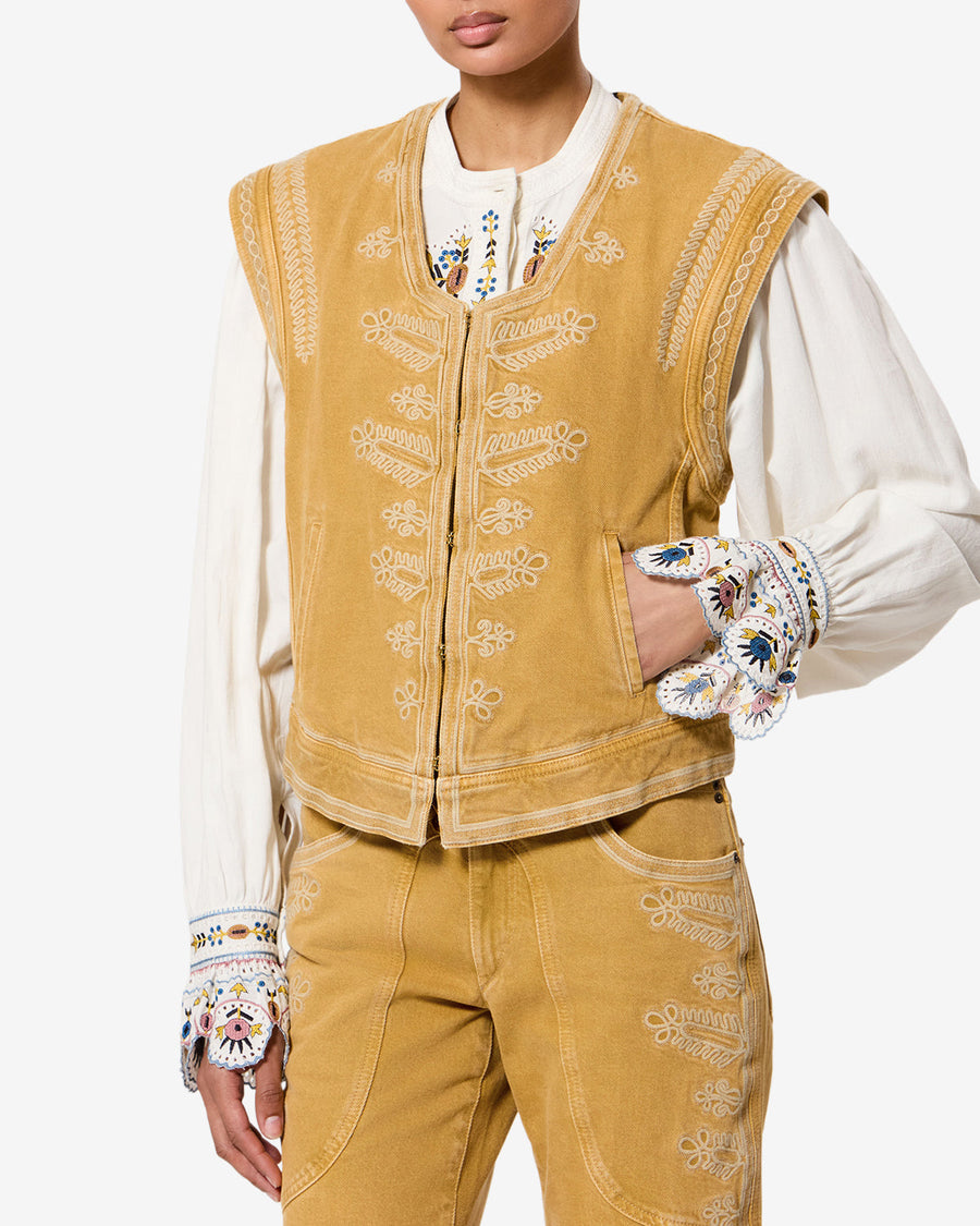 Gilet Edmee en denim — Miel, vue 1 ; référence GI0090FAD3H07E10HY