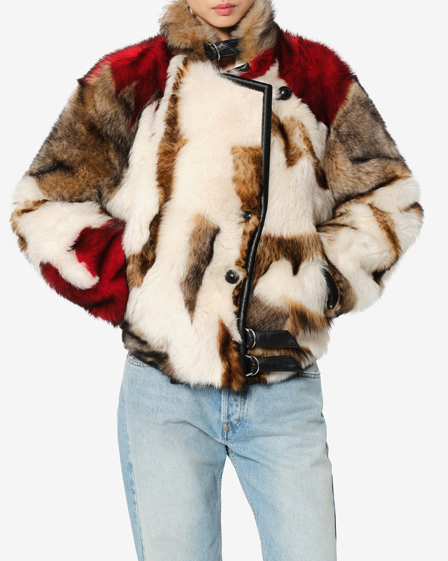 Manteau Roama en peau lainée — Écru et rouge, vue 1 ; référence MA0590FBD4A03IECRD