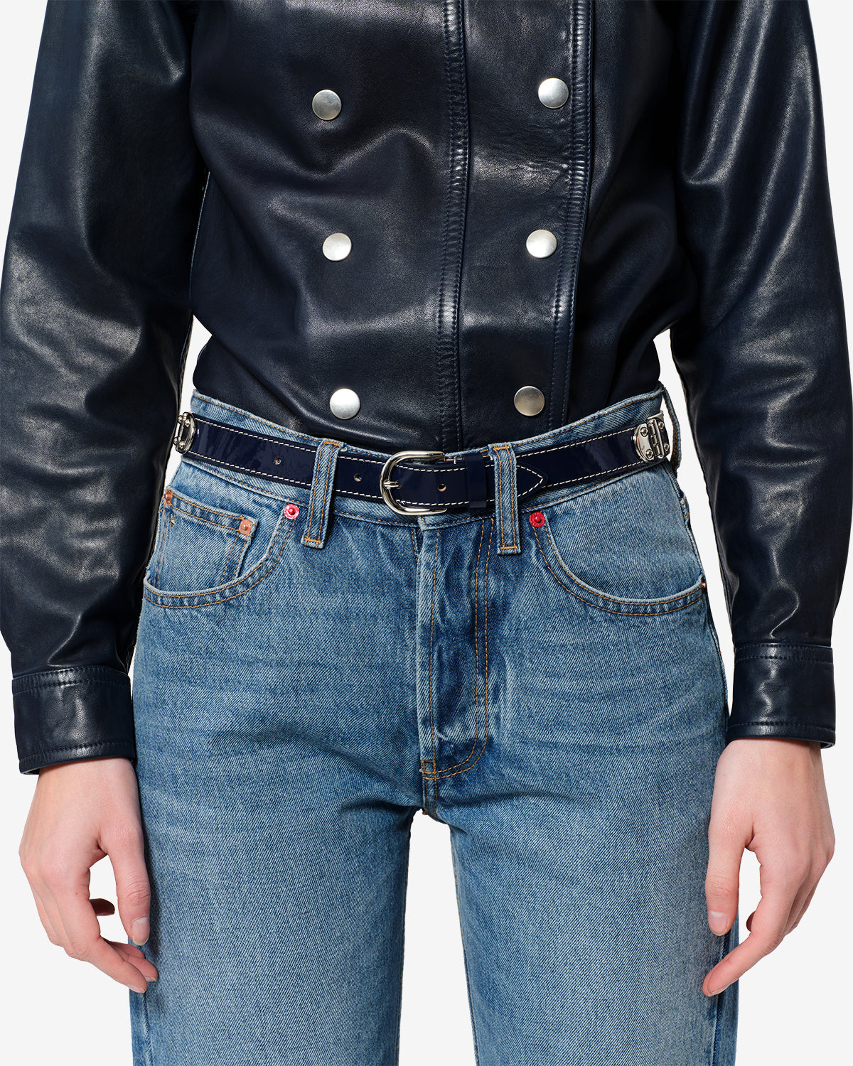 Ceinture Zap en cuir — Bleu foncé / Palladium, vue 3 ; référence CE015BFAD4A02ADBPA
