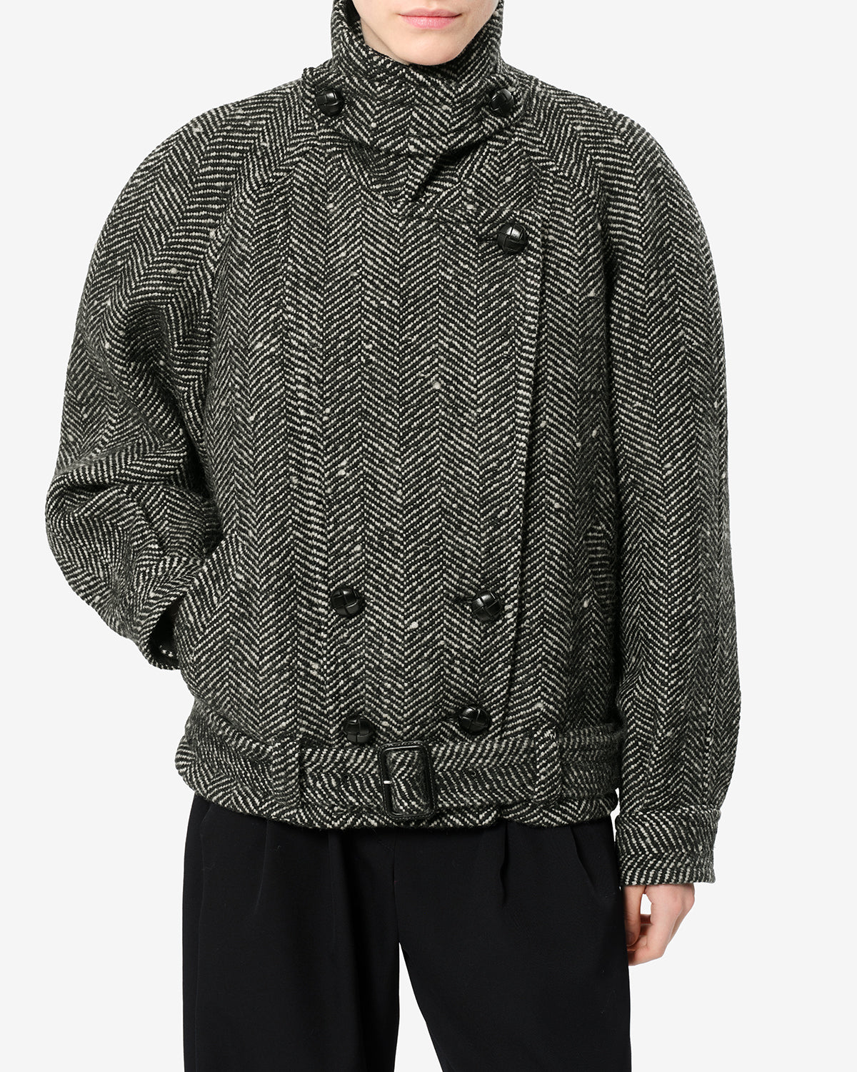 Manteau Elvane en laine — Écru et noir, vue 1 ; référence MA0584FBD4D02IECBK