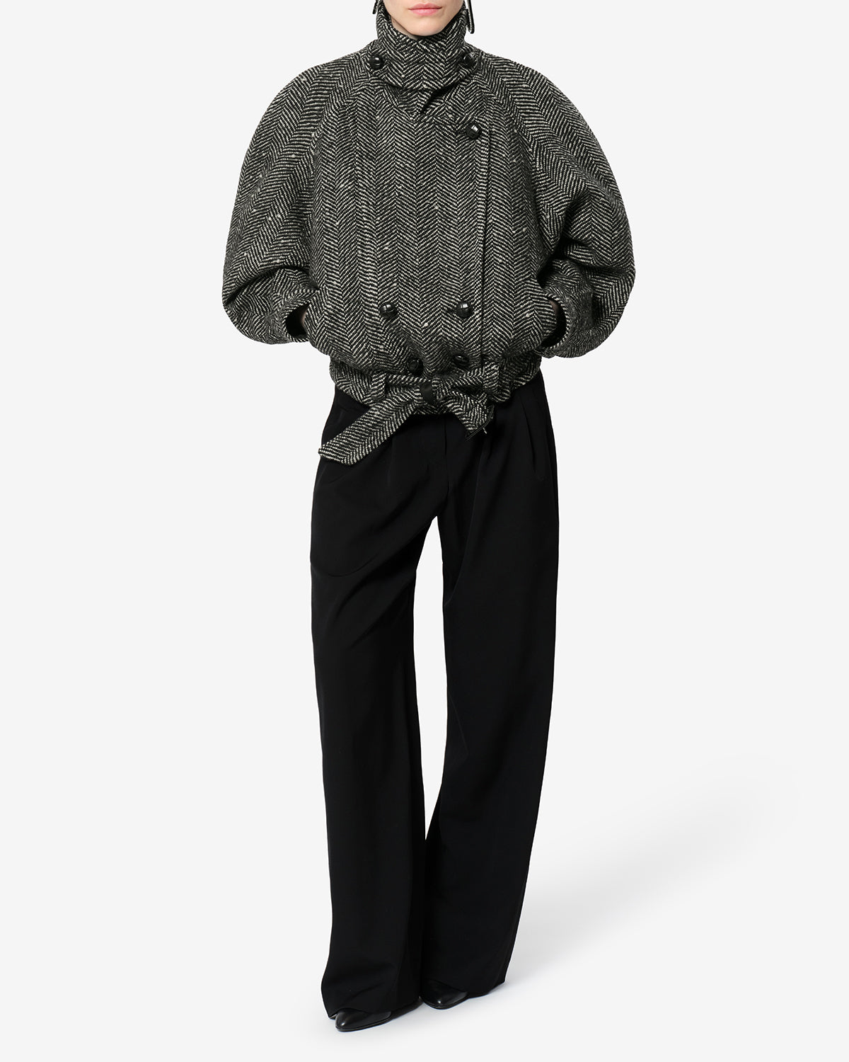 Manteau Elvane en laine — Écru et noir, vue 2 ; référence MA0584FBD4D02IECBK
